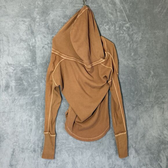 NWT Free People Hoodie XL Margo Bran Burnt Orange Waffle Knit Pullover V Neck - Picture 3 of 10